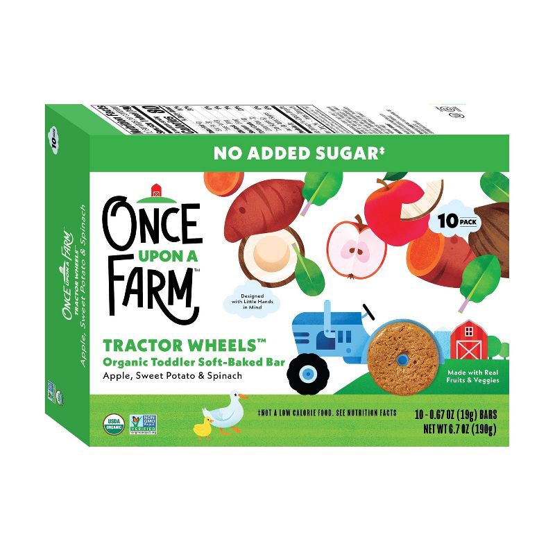 slide 2 of 11, Once Upon a Farm Tractor Wheel Bar Baby Snacks - Apple, Sweet Potato & Spinach - 1.5oz/10ct, 1.5 oz, 10 ct