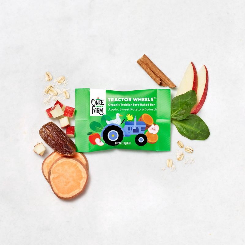 slide 4 of 11, Once Upon a Farm Tractor Wheel Bar Baby Snacks - Apple, Sweet Potato & Spinach - 1.5oz/10ct, 1.5 oz, 10 ct