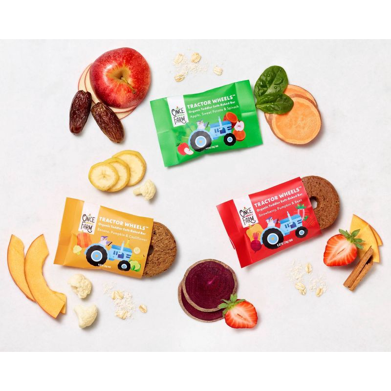slide 5 of 11, Once Upon a Farm Tractor Wheel Bar Baby Snacks - Apple, Sweet Potato & Spinach - 1.5oz/10ct, 1.5 oz, 10 ct