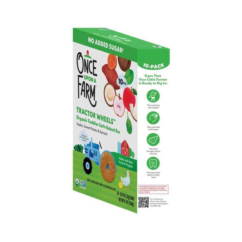 slide 6 of 11, Once Upon a Farm Tractor Wheel Bar Baby Snacks - Apple, Sweet Potato & Spinach - 1.5oz/10ct, 1.5 oz, 10 ct