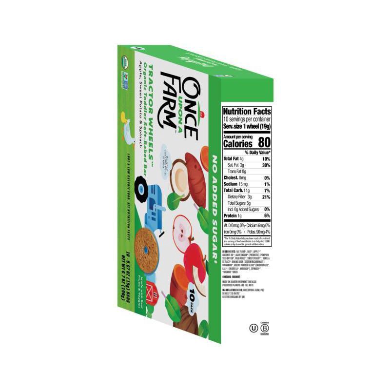 slide 7 of 11, Once Upon a Farm Tractor Wheel Bar Baby Snacks - Apple, Sweet Potato & Spinach - 1.5oz/10ct, 1.5 oz, 10 ct