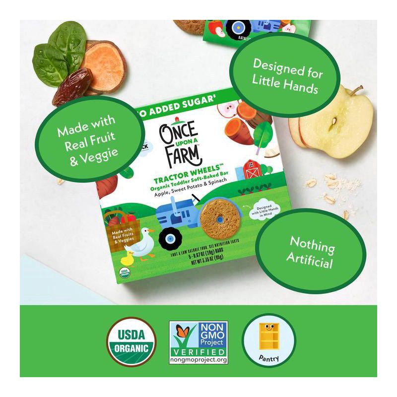 slide 10 of 11, Once Upon a Farm Tractor Wheel Bar Baby Snacks - Apple, Sweet Potato & Spinach - 1.5oz/10ct, 1.5 oz, 10 ct