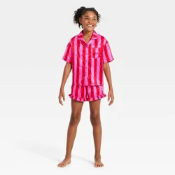 Girls' Valentine's Day Satin Button-Up Heart Striped Pajama Set - art class™ Pink S