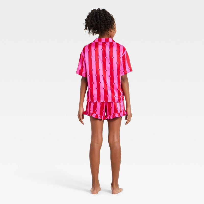 slide 4 of 4, Girls' Valentine's Day Satin Button-Up Heart Striped Pajama Set - art class™ Pink L, 1 ct