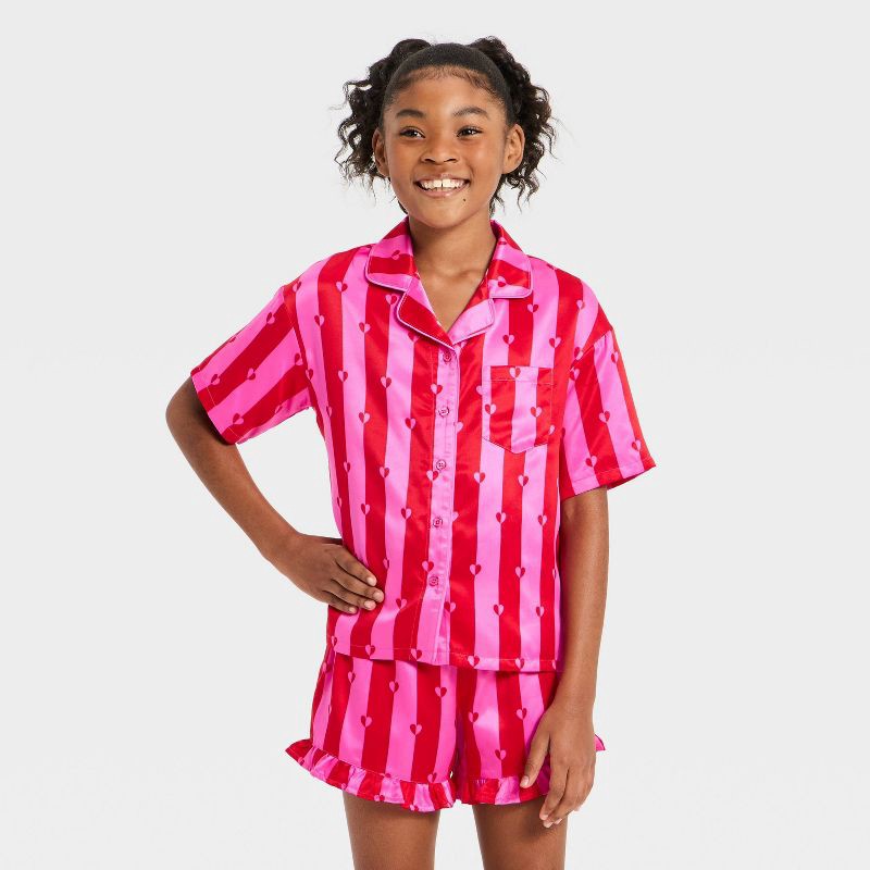 slide 2 of 4, Girls' Valentine's Day Satin Button-Up Heart Striped Pajama Set - art class™ Pink L, 1 ct