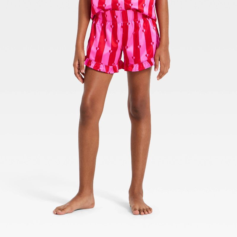 slide 3 of 4, Girls' Valentine's Day Satin Button-Up Heart Striped Pajama Set - art class™ Pink L, 1 ct