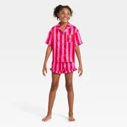 Girls' Valentine's Day Satin Button-Up Heart Striped Pajama Set - art class™ Pink XL