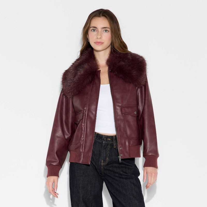 slide 2 of 3, Women's Faux Leather Bomber Jacket - Wild Fable™ Red M, 1 ct
