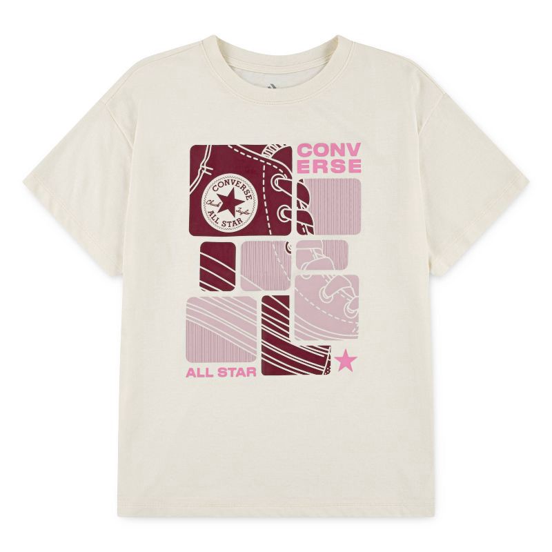 slide 3 of 5, Converse® Girls' Short Sleeve Oversized T-Shirt - Cream XS, 1 ct
