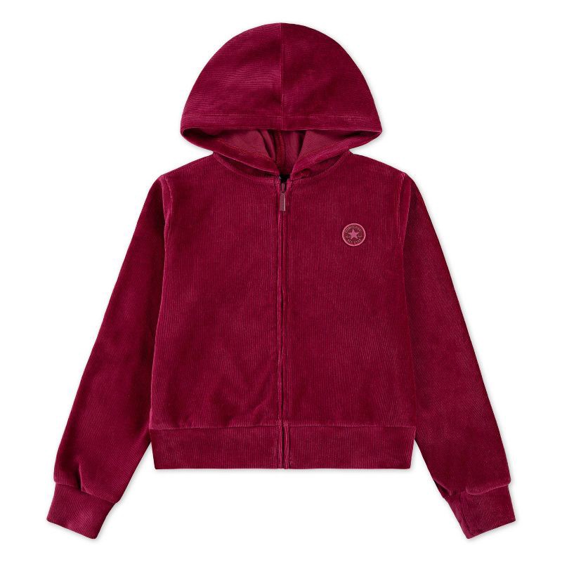 slide 3 of 4, Converse® Girls' Ribbed Zip-Up Velour Hoodie - Berry Red L, 1 ct