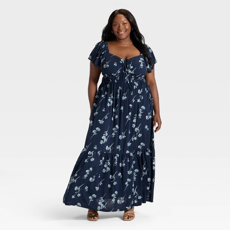 slide 3 of 3, Women's Flutter Short Sleeve Maxi Empire Waist Dress - Ava & Viv™ Navy Blue Floral 1X, 1 ct