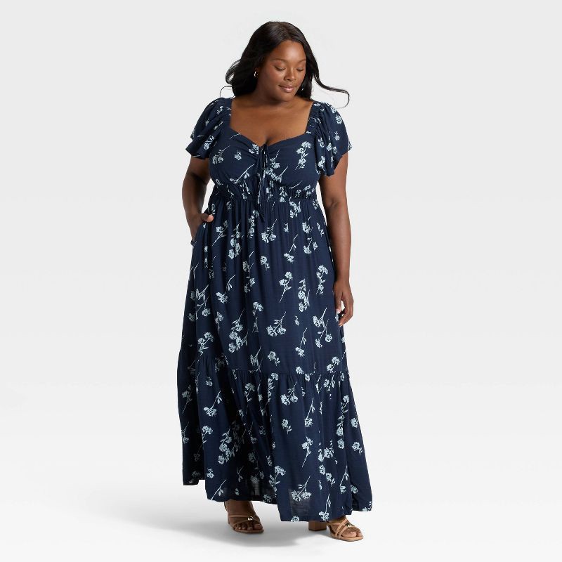 slide 1 of 3, Women's Flutter Short Sleeve Maxi Empire Waist Dress - Ava & Viv™ Navy Blue Floral 1X, 1 ct