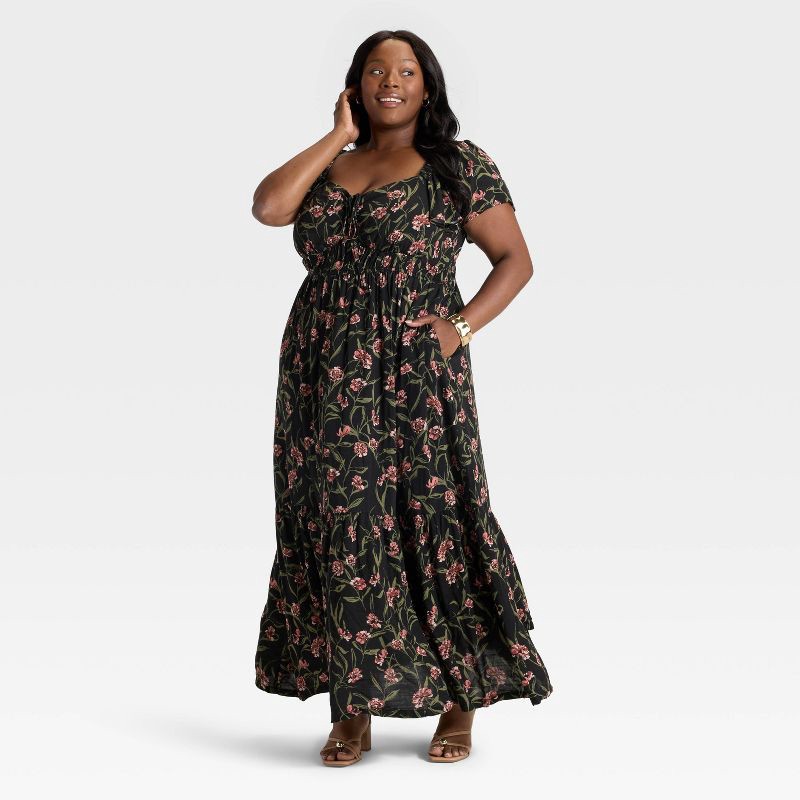 slide 3 of 3, Women's Flutter Short Sleeve Maxi Empire Waist Dress - Ava & Viv™ Black Floral 1X, 1 ct
