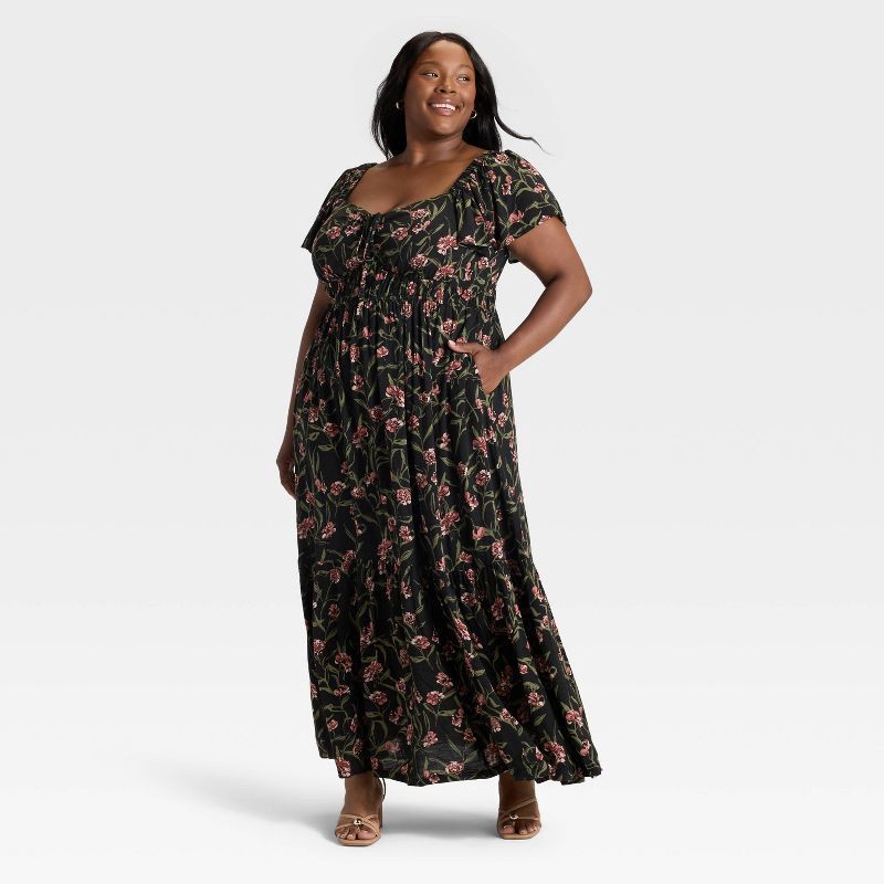 slide 1 of 3, Women's Flutter Short Sleeve Maxi Empire Waist Dress - Ava & Viv™ Black Floral 1X, 1 ct