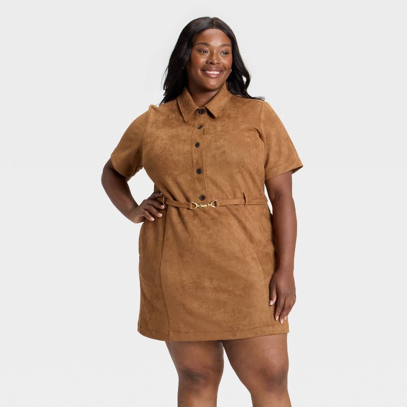 slide 1 of 3, Women's Short Sleeve Faux Suede Mini Dress - Ava & Viv™ Tan XXL, 1 ct