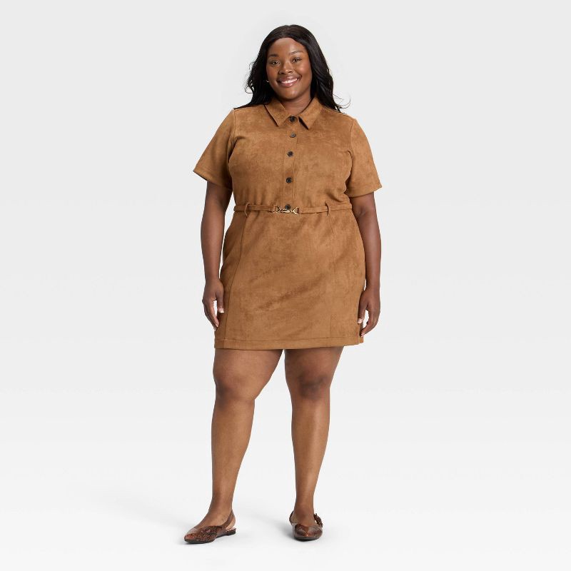 slide 3 of 3, Women's Short Sleeve Faux Suede Mini Dress - Ava & Viv™ Tan 3X, 1 ct
