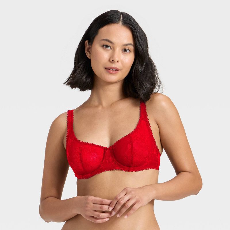 slide 1 of 3, Women's Lace Unlined Balconette Bra - Wild Fable™ Red 32C, 1 ct