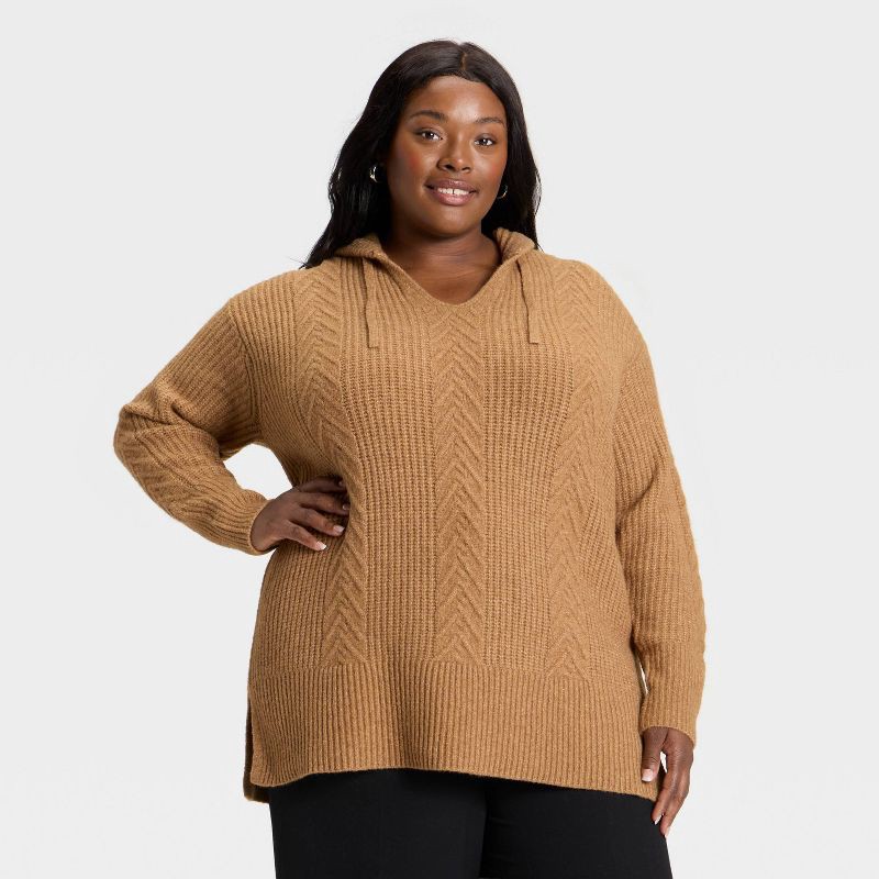 slide 1 of 3, Women's Cozy Cable Hooded Tunic Sweater - Ava & Viv™ Brown 2X, 1 ct