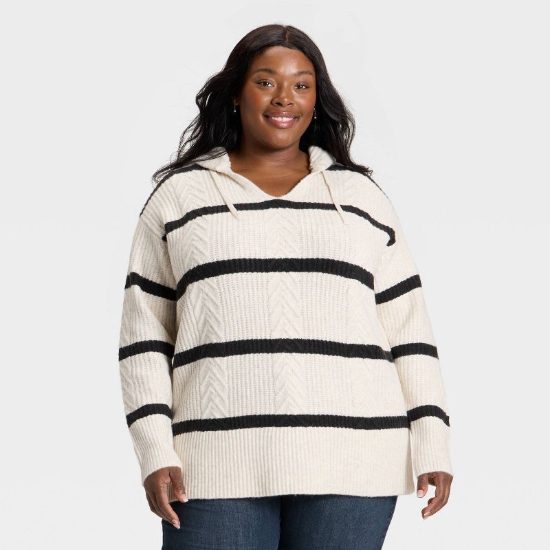 slide 1 of 3, Women's Cozy Cable Hooded Tunic Sweater - Ava & Viv™ Cream Striped XXL, 1 ct