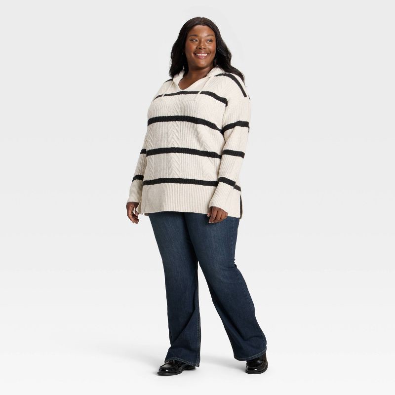 slide 3 of 3, Women's Cozy Cable Hooded Tunic Sweater - Ava & Viv™ Cream Striped 3X, 1 ct