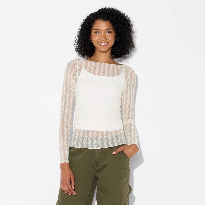 slide 2 of 4, Women's Long Sleeve Boat Neck Henley Shirt - Wild Fable™ Ivory XS, 1 ct