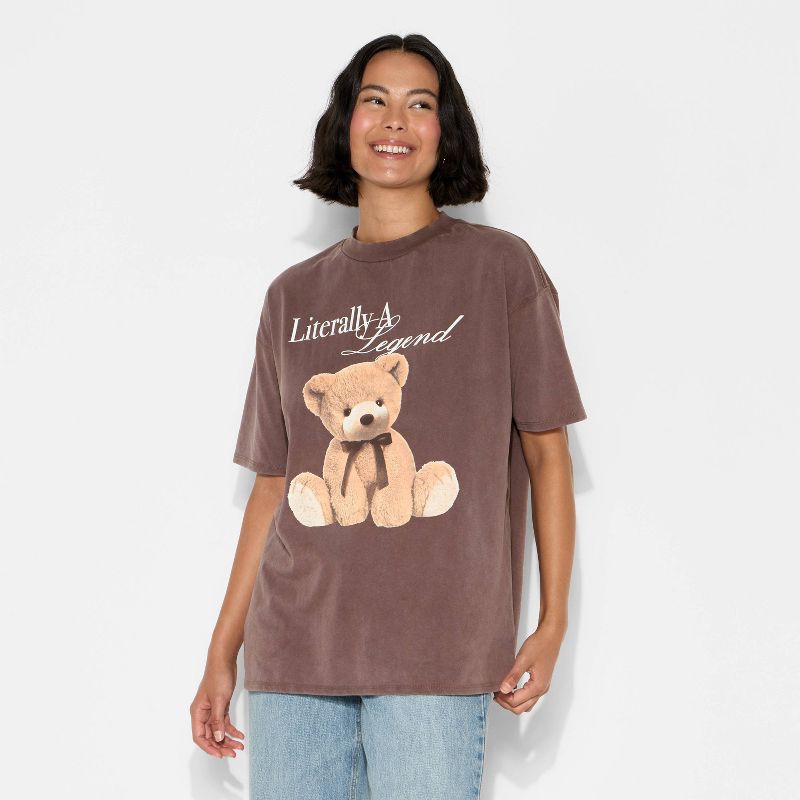 slide 2 of 4, Women's Loose Fit Short Sleeve Crewneck Oversized Graphic T-Shirt - Wild Fable™ Brown Bears S, 1 ct