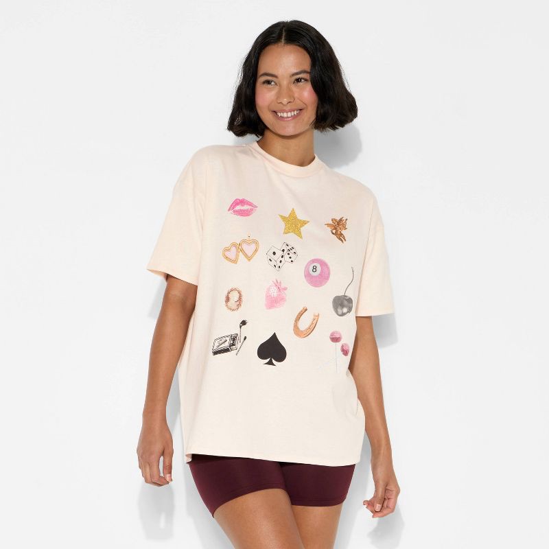 slide 2 of 4, Women's Loose Fit Short Sleeve Crewneck Oversized Graphic T-Shirt - Wild Fable™ Beige Lips M, 1 ct
