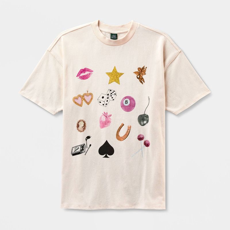 slide 4 of 4, Women's Loose Fit Short Sleeve Crewneck Oversized Graphic T-Shirt - Wild Fable™ Beige Lips M, 1 ct