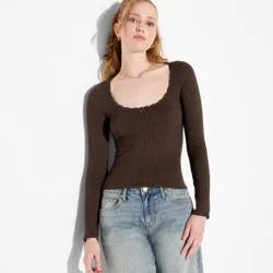 Women's Long Sleeve Seamless Square Neck Blouse - Wild Fable™ Brown L