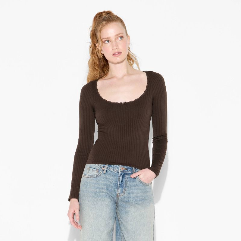 slide 2 of 4, Women's Long Sleeve Seamless Square Neck Blouse - Wild Fable™ Brown XL, 1 ct