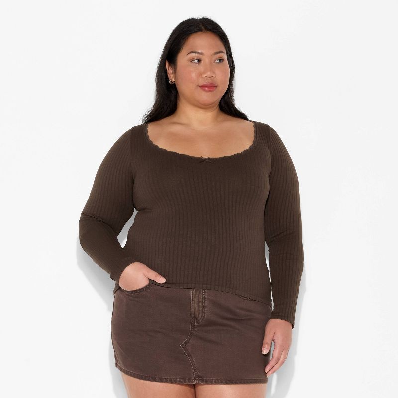 slide 2 of 3, Women's Long Sleeve Seamless Square Neck Blouse - Wild Fable™ Brown XXL, 1 ct