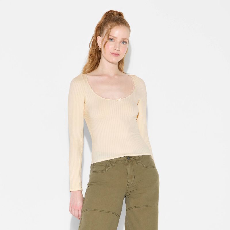 slide 2 of 4, Women's Long Sleeve Seamless Square Neck Blouse - Wild Fable™ Off-White XS, 1 ct