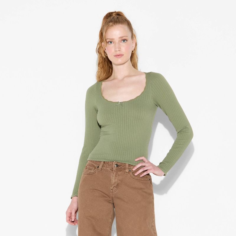 slide 2 of 4, Women's Long Sleeve Seamless Square Neck Blouse - Wild Fable™ Sage Green L, 1 ct