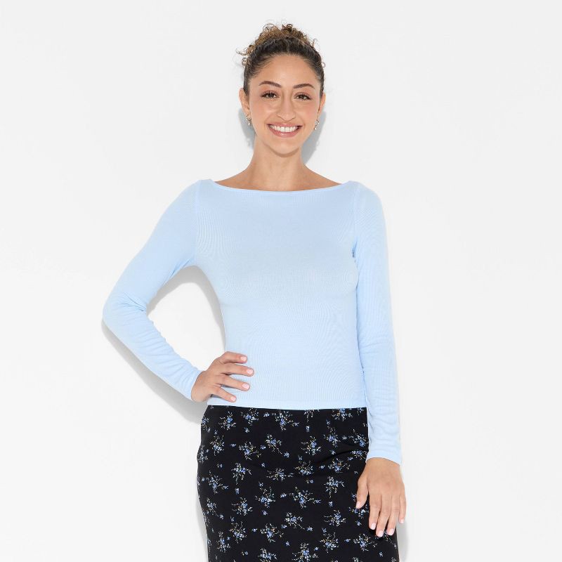 slide 2 of 4, Women's Slim Fit Long Sleeve Round Neck T-Shirt - Wild Fable™ Light Blue XL, 1 ct