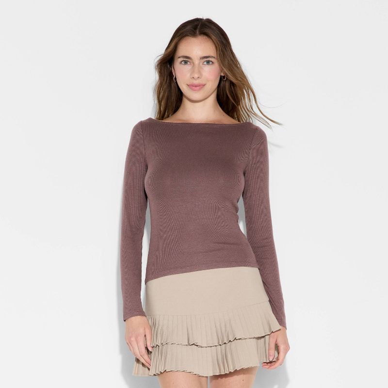 slide 2 of 4, Women's Slim Fit Long Sleeve Round Neck T-Shirt - Wild Fable™ Brown XL, 1 ct