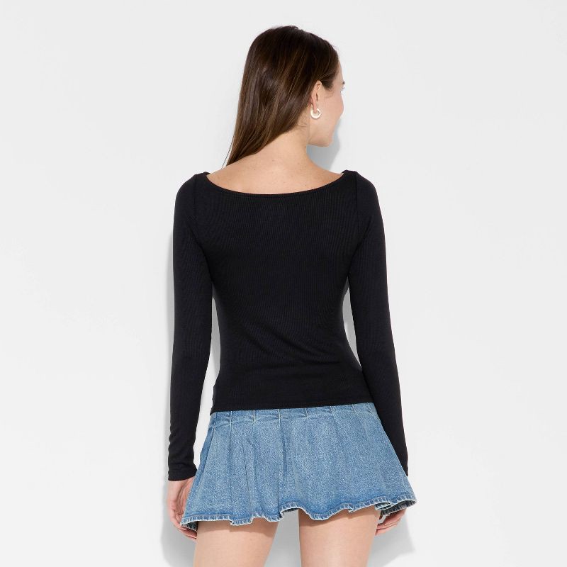 slide 3 of 4, Women's Slim Fit Long Sleeve Round Neck T-Shirt - Wild Fable™ Black M, 1 ct