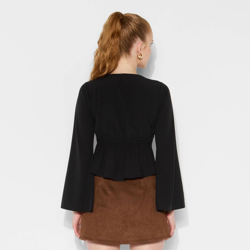slide 3 of 3, Women's Bell Long Sleeve Sweatheart Flyaway Blouse - Wild Fable™ Black L, 1 ct