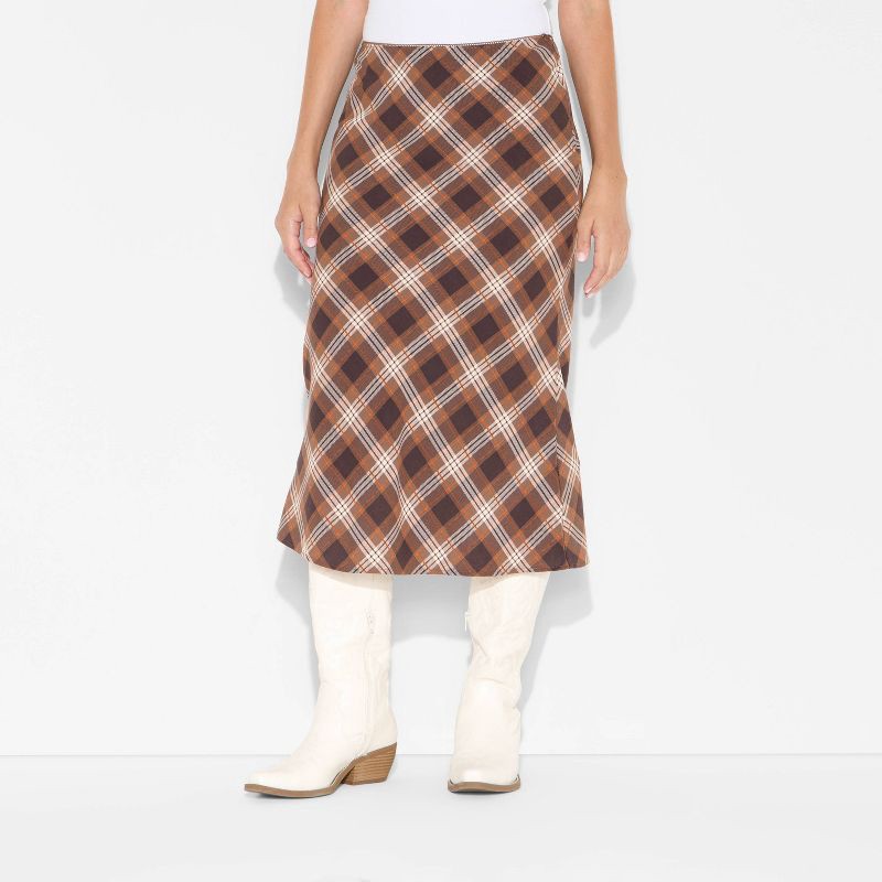 slide 2 of 3, Women's Midi Printed A-Line Skirt - Wild Fable™ Brown Plaid XS, 1 ct