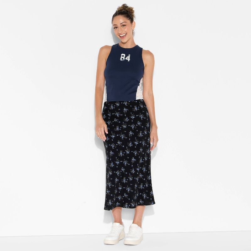 slide 1 of 3, Women's Midi Printed A-Line Skirt - Wild Fable™ Navy Blue Floral M, 1 ct