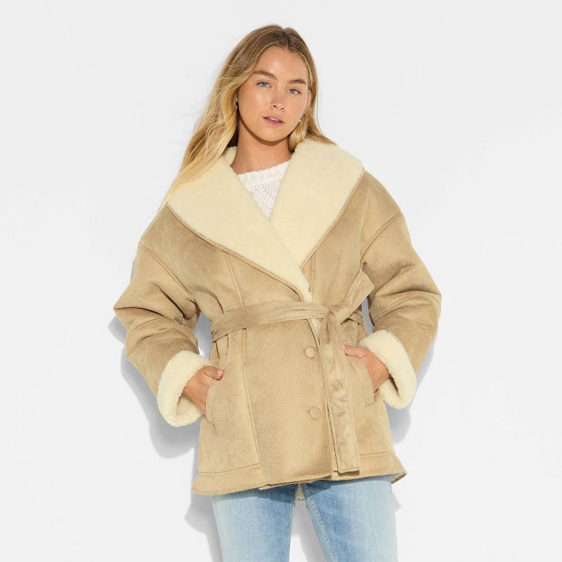 slide 2 of 3, Women's Shawl Collar Shearling Coat - Wild Fable™ Tan M, 1 ct