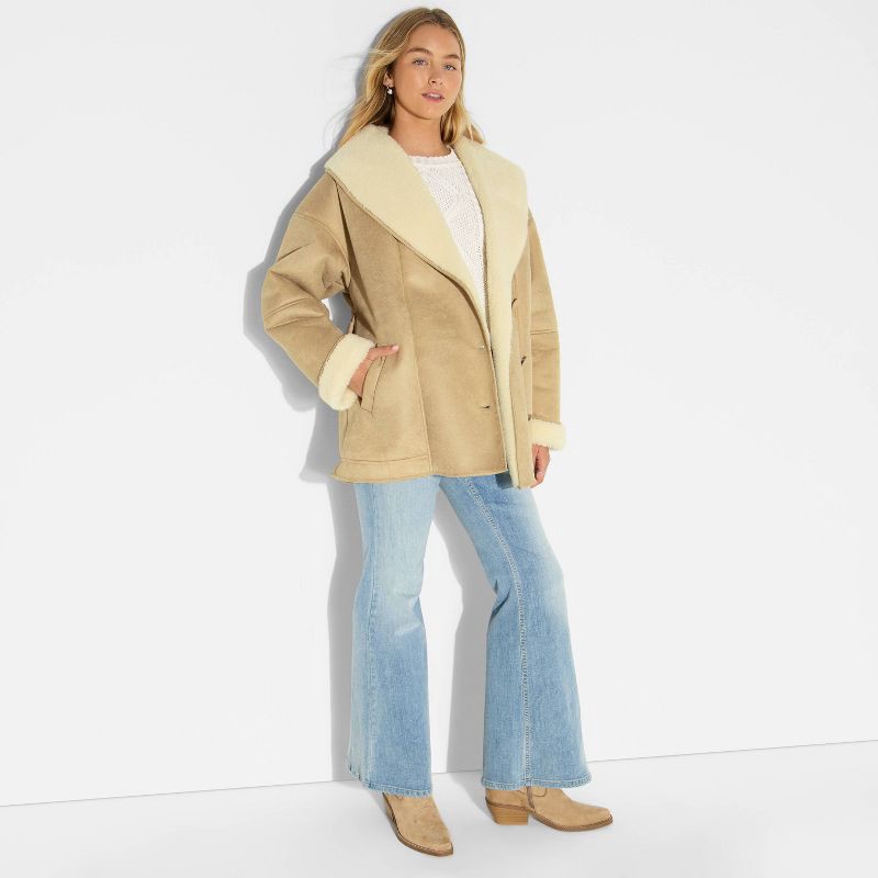 slide 1 of 3, Women's Shawl Collar Shearling Coat - Wild Fable™ Tan M, 1 ct