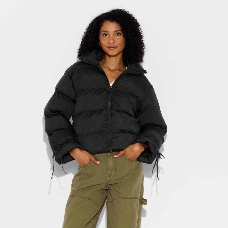 slide 2 of 3, Women's Bow Puffer Jacket - Wild Fable™ Black XXS, 1 ct