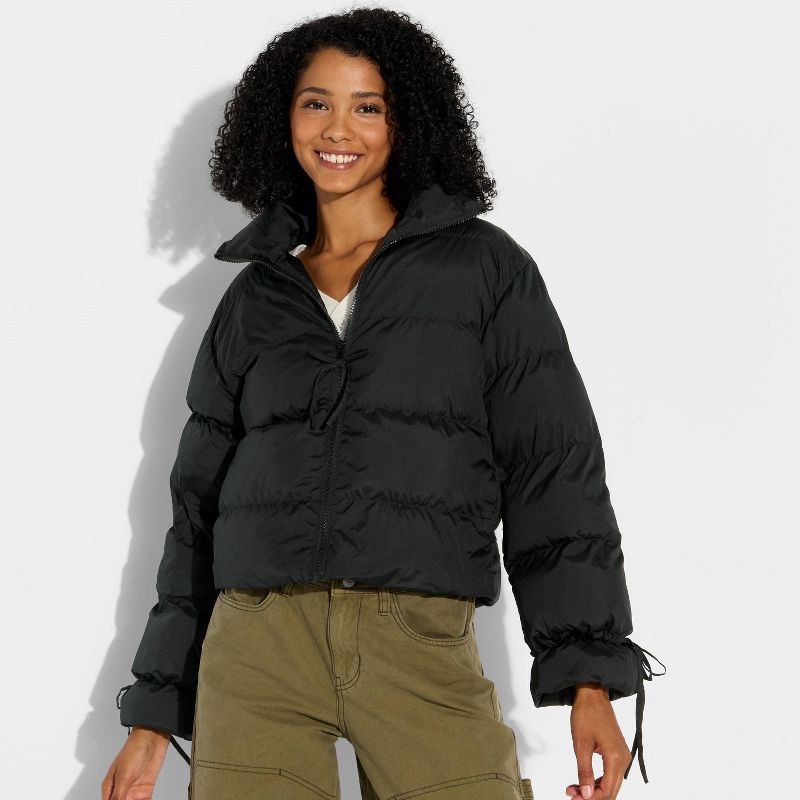 slide 1 of 3, Women's Bow Puffer Jacket - Wild Fable™ Black L, 1 ct