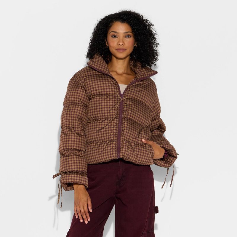 slide 2 of 3, Women's Bow Puffer Jacket - Wild Fable™ Brown Gingham Check XXS, 1 ct