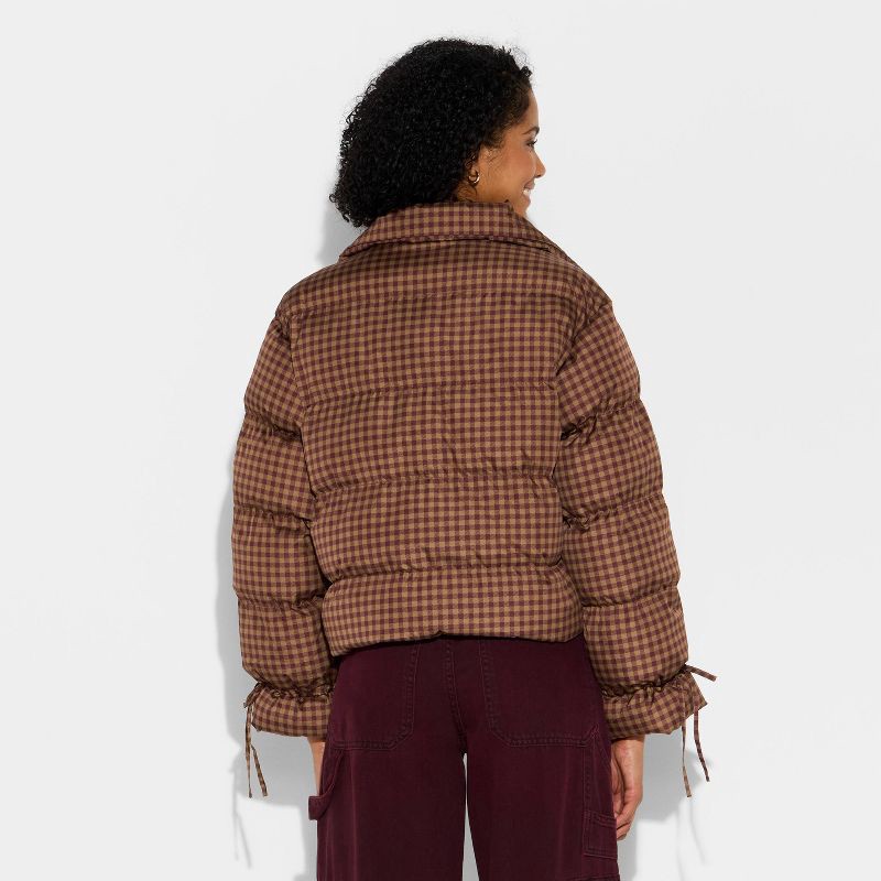 slide 3 of 3, Women's Bow Puffer Jacket - Wild Fable™ Brown Gingham Check XS, 1 ct