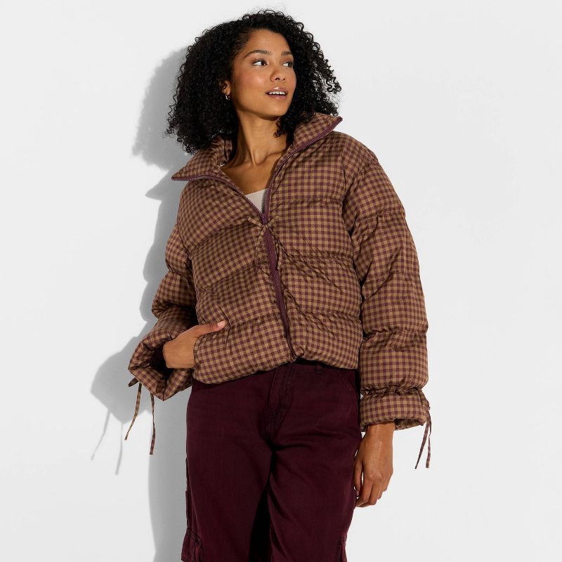 slide 1 of 3, Women's Bow Puffer Jacket - Wild Fable™ Brown Gingham Check XS, 1 ct