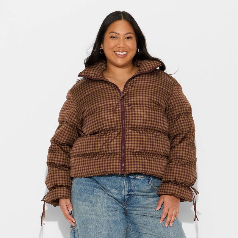 slide 2 of 3, Women's Bow Puffer Jacket - Wild Fable™ Brown Gingham Check XXL, 1 ct