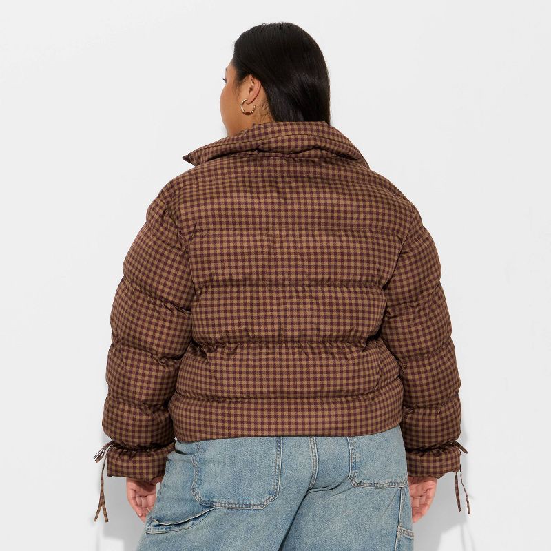 slide 3 of 3, Women's Bow Puffer Jacket - Wild Fable™ Brown Gingham Check XXL, 1 ct