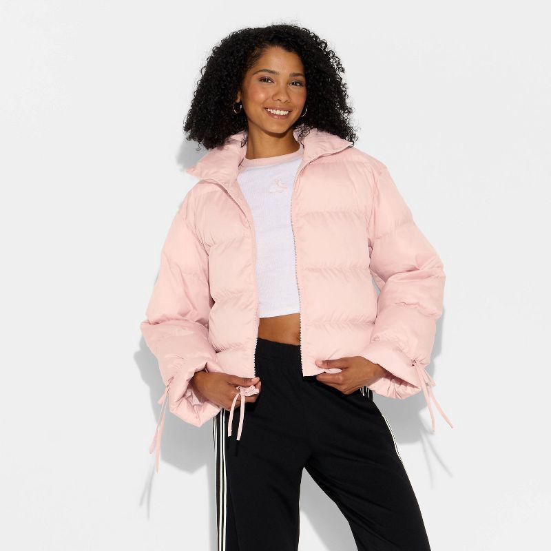 slide 2 of 3, Women's Bow Puffer Jacket - Wild Fable™ Pink M, 1 ct