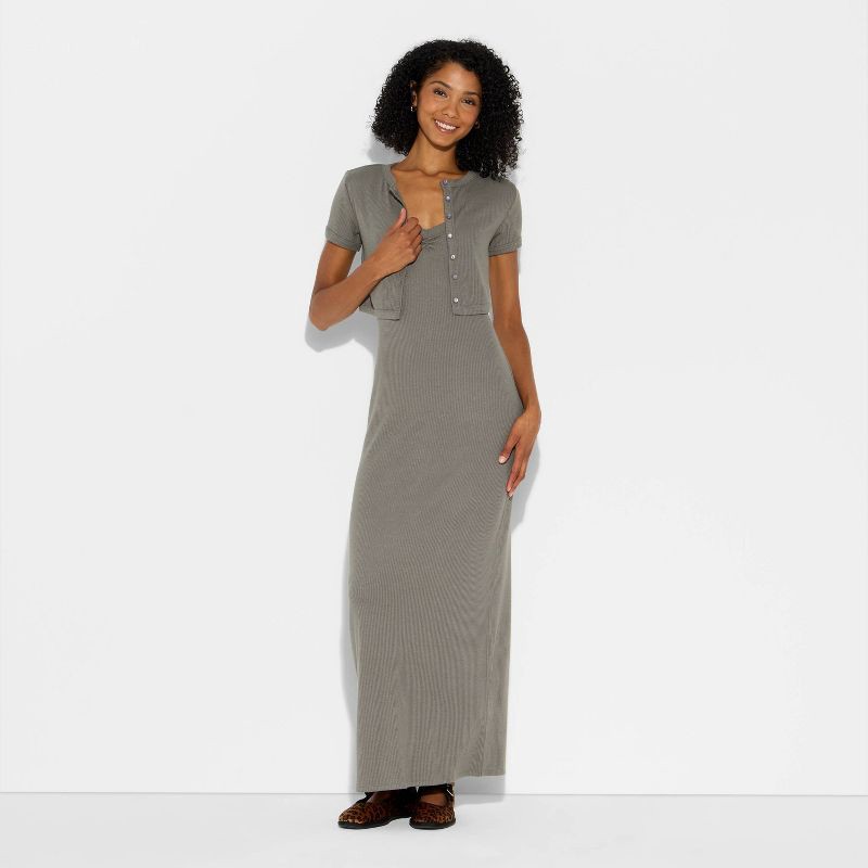 slide 2 of 3, Women's Ribbed Maxi Bodycon Dress and Cardigan Set - Wild Fable™ Dark Gray S, 1 ct